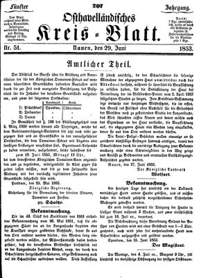 Osthavelländisches Kreisblatt on Jun 29, 1853