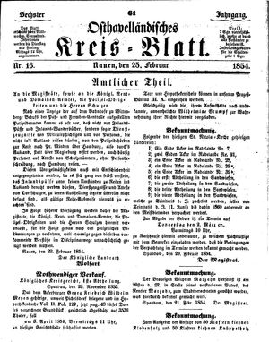 Osthavelländisches Kreisblatt vom 25.02.1854