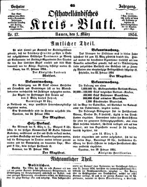 Osthavelländisches Kreisblatt on Mar 1, 1854