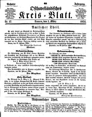 Osthavelländisches Kreisblatt vom 01.03.1854