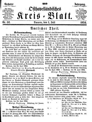Osthavelländisches Kreisblatt on Jul 1, 1854