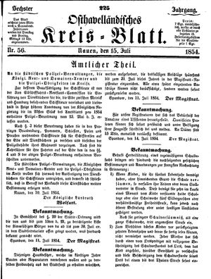 Osthavelländisches Kreisblatt on Jul 15, 1854