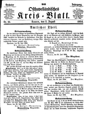 Osthavelländisches Kreisblatt on Aug 2, 1854