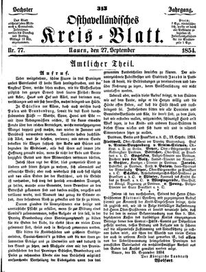 Osthavelländisches Kreisblatt on Sep 27, 1854