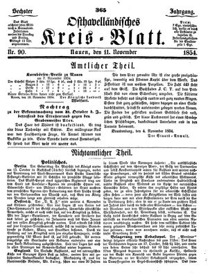 Osthavelländisches Kreisblatt vom 11.11.1854