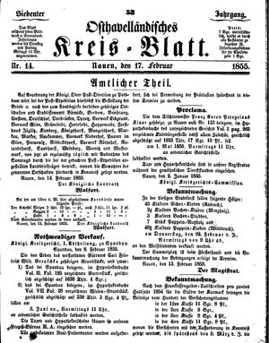 Osthavelländisches Kreisblatt on Feb 17, 1855