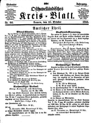 Osthavelländisches Kreisblatt vom 10.10.1855