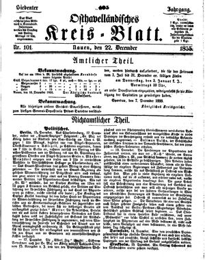 Osthavelländisches Kreisblatt vom 22.12.1855