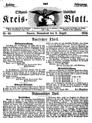 Osthavelländisches Kreisblatt vom 09.08.1856
