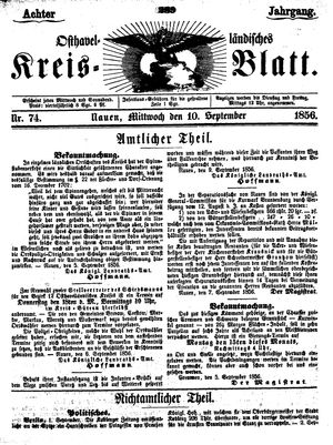 Osthavelländisches Kreisblatt vom 10.09.1856