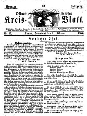 Osthavelländisches Kreisblatt on Feb 21, 1857