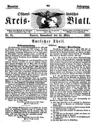 Osthavelländisches Kreisblatt on Mar 14, 1857
