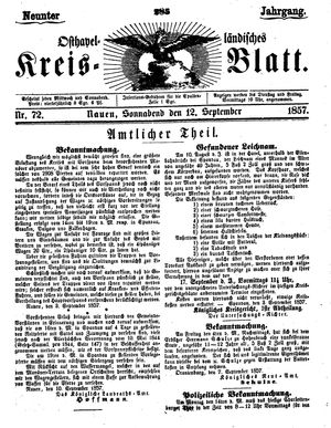 Osthavelländisches Kreisblatt on Sep 12, 1857