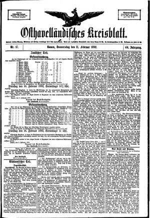 Osthavelländisches Kreisblatt on Feb 11, 1892