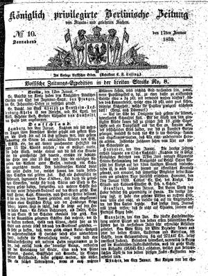 Königlich privilegirte Berlinische Zeitung von Staats- und gelehrten Sachen vom 12.01.1839