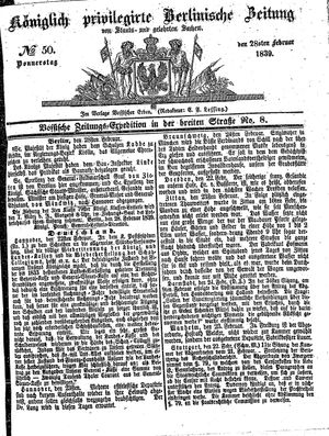 Königlich privilegirte Berlinische Zeitung von Staats- und gelehrten Sachen vom 28.02.1839