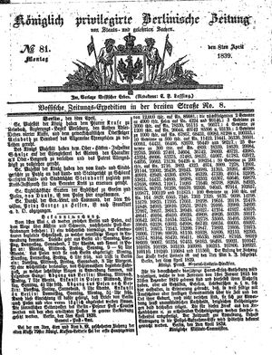 Königlich privilegirte Berlinische Zeitung von Staats- und gelehrten Sachen vom 08.04.1839