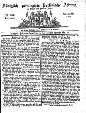 Königlich privilegirte Berlinische Zeitung von Staats- und gelehrten Sachen on May 4, 1839