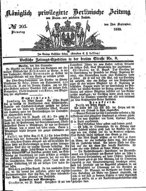 Königlich privilegirte Berlinische Zeitung von Staats- und gelehrten Sachen vom 03.09.1839