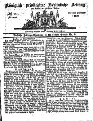 Königlich privilegirte Berlinische Zeitung von Staats- und gelehrten Sachen vom 18.09.1839