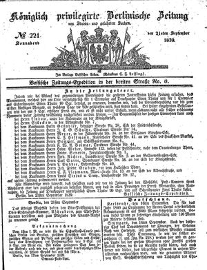 Königlich privilegirte Berlinische Zeitung von Staats- und gelehrten Sachen vom 21.09.1839