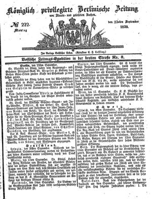 Königlich privilegirte Berlinische Zeitung von Staats- und gelehrten Sachen vom 23.09.1839