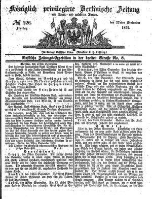 Königlich privilegirte Berlinische Zeitung von Staats- und gelehrten Sachen on Sep 27, 1839