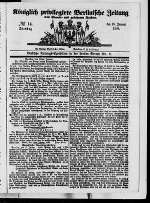 Königlich privilegirte Berlinische Zeitung von Staats- und gelehrten Sachen vom 18.01.1848