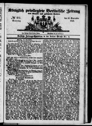 Königlich privilegirte Berlinische Zeitung von Staats- und gelehrten Sachen on Sep 10, 1848
