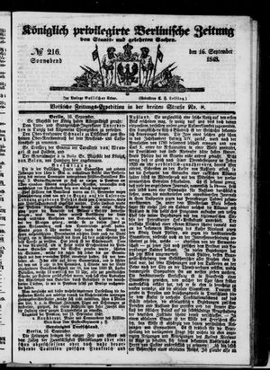 Königlich privilegirte Berlinische Zeitung von Staats- und gelehrten Sachen vom 16.09.1848