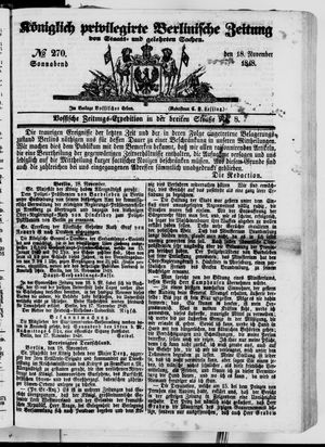 Königlich privilegirte Berlinische Zeitung von Staats- und gelehrten Sachen vom 18.11.1848