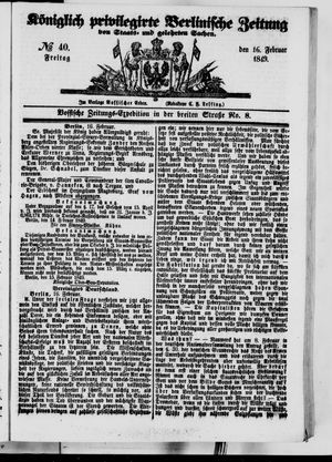 Königlich privilegirte Berlinische Zeitung von Staats- und gelehrten Sachen vom 16.02.1849