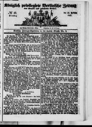 Königlich privilegirte Berlinische Zeitung von Staats- und gelehrten Sachen vom 20.02.1849
