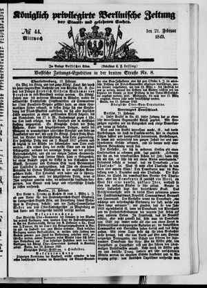 Königlich privilegirte Berlinische Zeitung von Staats- und gelehrten Sachen vom 21.02.1849