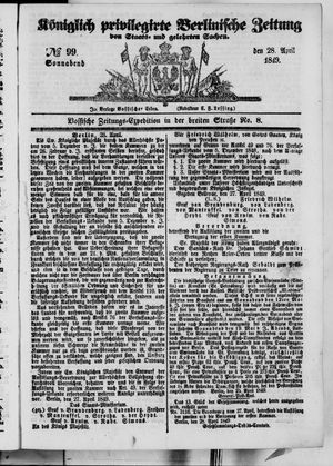Königlich privilegirte Berlinische Zeitung von Staats- und gelehrten Sachen vom 28.04.1849