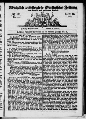 Königlich privilegirte Berlinische Zeitung von Staats- und gelehrten Sachen on May 27, 1849