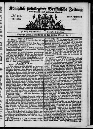 Königlich privilegirte Berlinische Zeitung von Staats- und gelehrten Sachen on Sep 16, 1849