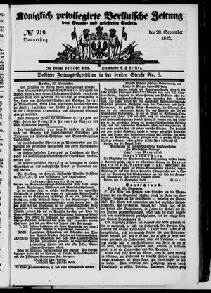 Königlich privilegirte Berlinische Zeitung von Staats- und gelehrten Sachen on Sep 20, 1849
