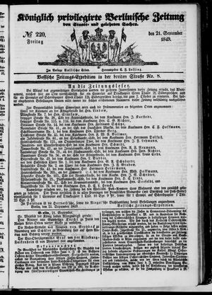 Königlich privilegirte Berlinische Zeitung von Staats- und gelehrten Sachen on Sep 21, 1849