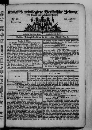 Königlich privilegirte Berlinische Zeitung von Staats- und gelehrten Sachen on Oct 4, 1849