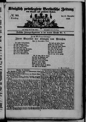 Königlich privilegirte Berlinische Zeitung von Staats- und gelehrten Sachen on Nov 13, 1849