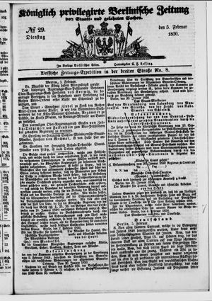Königlich privilegirte Berlinische Zeitung von Staats- und gelehrten Sachen vom 05.02.1850