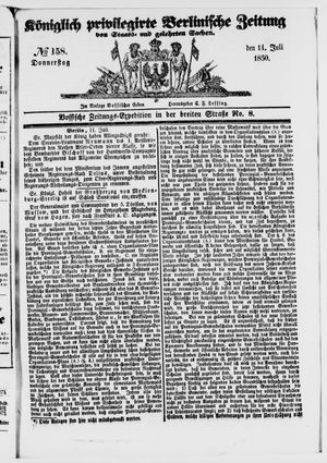 Königlich privilegirte Berlinische Zeitung von Staats- und gelehrten Sachen on Jul 11, 1850