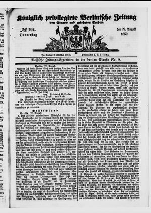 Königlich privilegirte Berlinische Zeitung von Staats- und gelehrten Sachen vom 22.08.1850