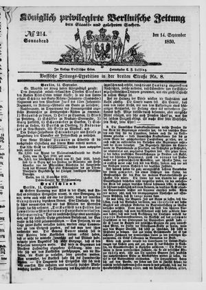 Königlich privilegirte Berlinische Zeitung von Staats- und gelehrten Sachen on Sep 14, 1850