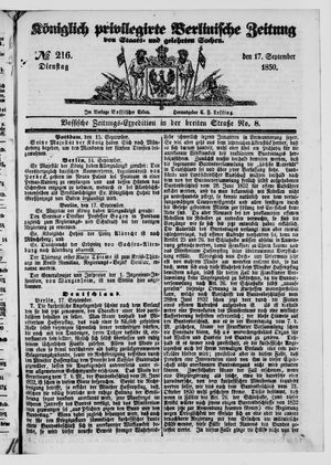Königlich privilegirte Berlinische Zeitung von Staats- und gelehrten Sachen vom 17.09.1850
