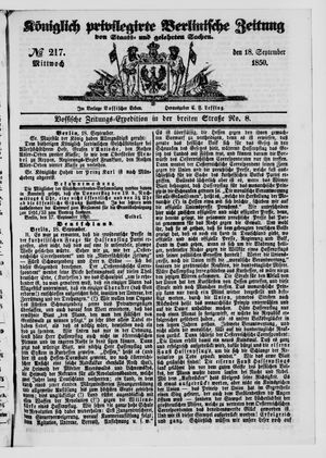 Königlich privilegirte Berlinische Zeitung von Staats- und gelehrten Sachen vom 18.09.1850