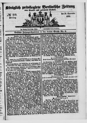 Königlich privilegirte Berlinische Zeitung von Staats- und gelehrten Sachen on Sep 20, 1850