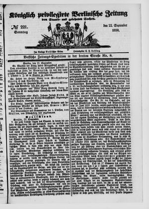 Königlich privilegirte Berlinische Zeitung von Staats- und gelehrten Sachen on Sep 22, 1850