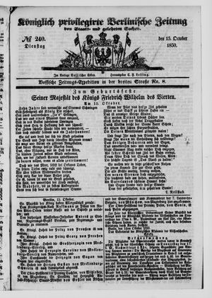 Königlich privilegirte Berlinische Zeitung von Staats- und gelehrten Sachen on Oct 15, 1850